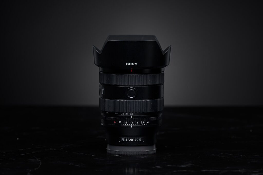Sony FE 20-70mm F4 G zoom lens with its lens hood attached